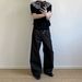Unisex American Style Trendy Retro Raw Denim Patchwork Jeans Straight Leg Loose Fitting Wide Leg Black Trousers_viptrois.com