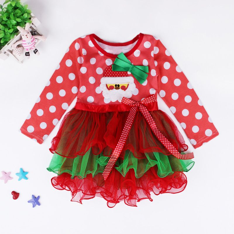 Christmas Children's dress for girls New Year's Christmas polka dot bow red cake dress_viptrois.com