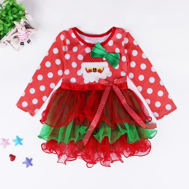 Christmas Children's dress for girls New Year's Christmas polka dot bow red cake dress_viptrois.com