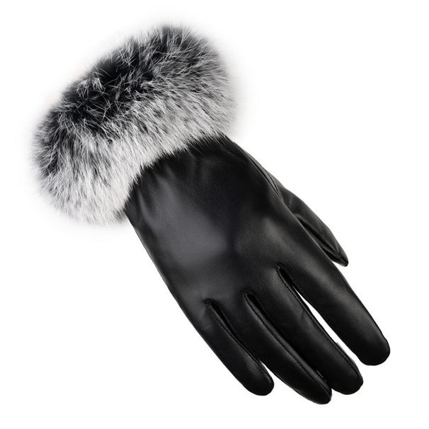 Women's warm gloves autumn and winter PU leather rabbit fur touch screen outdoor cycling plus velvet thickened winter gloves_viptrois.com