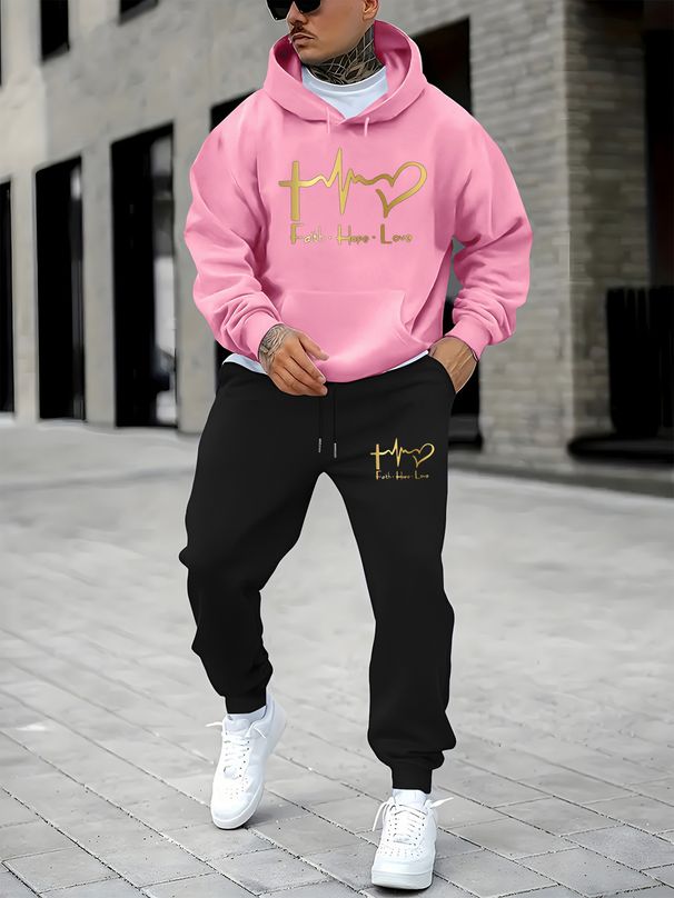 Men's Autumn And Winter Casual Fashion FAITH HOPE LOVE Letter Printed Loose Suede Thick Hooded Sweatshirt+sports Pants Set_viptrois.com