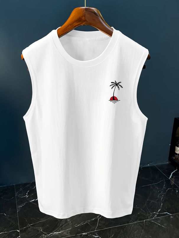 100% Pure Cotton Men's Summer Leisure Sports Fitness Loose Coconut Tree Pattern Printed Breathable Round Neck Sleeveless Vest_viptrois.com