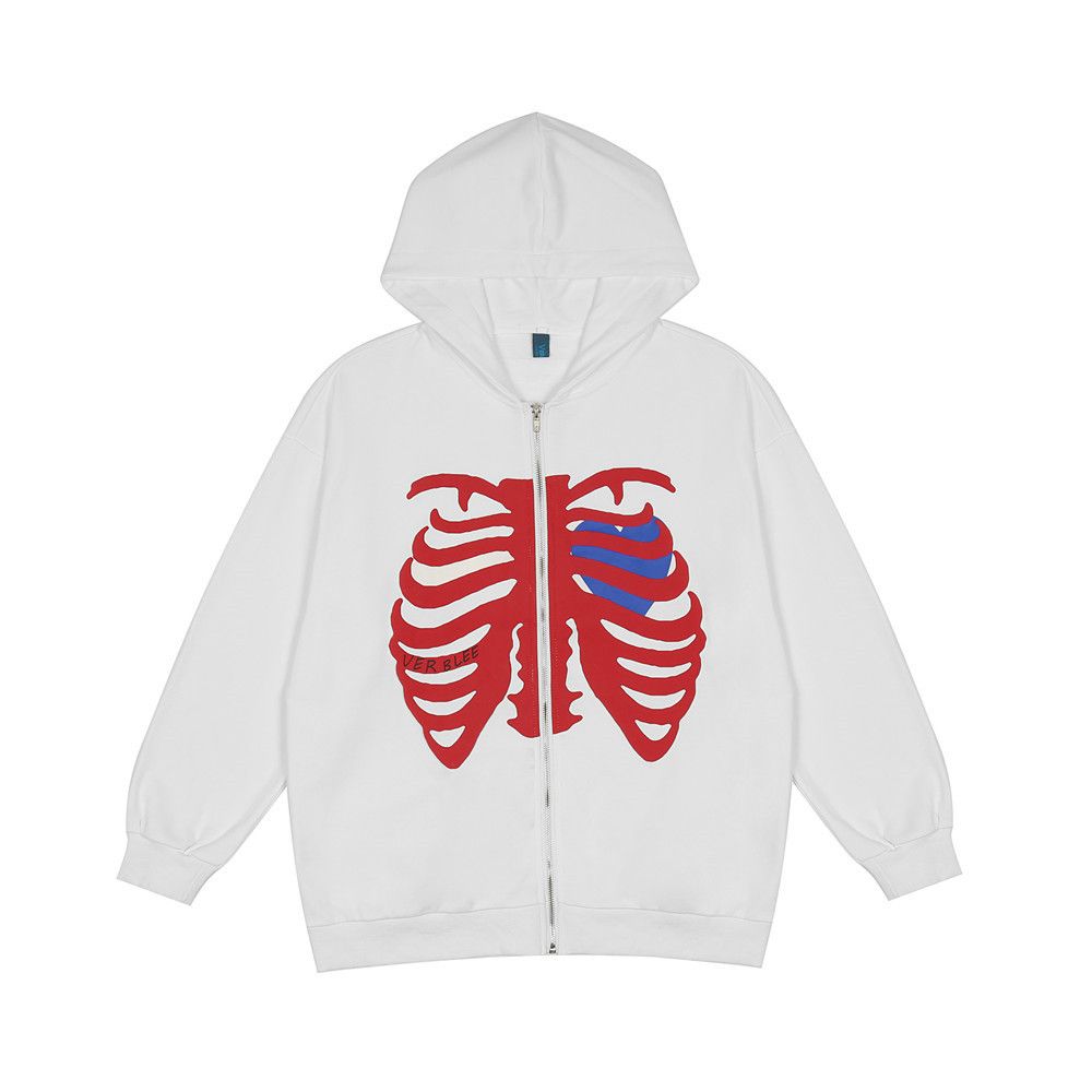 Dark Style Skeleton Print Zipper Jacket Men's Ins Street Fashion Loose Cardigan Hooded Sweatshirt Sportswear_viptrois.com