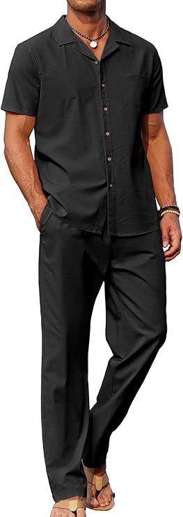 Men's Clothing Independent Station Men's Two Piece Cotton Solid Color Clothing Beach Button Shirt Casual Loose Pants Suit Men_viptrois.com