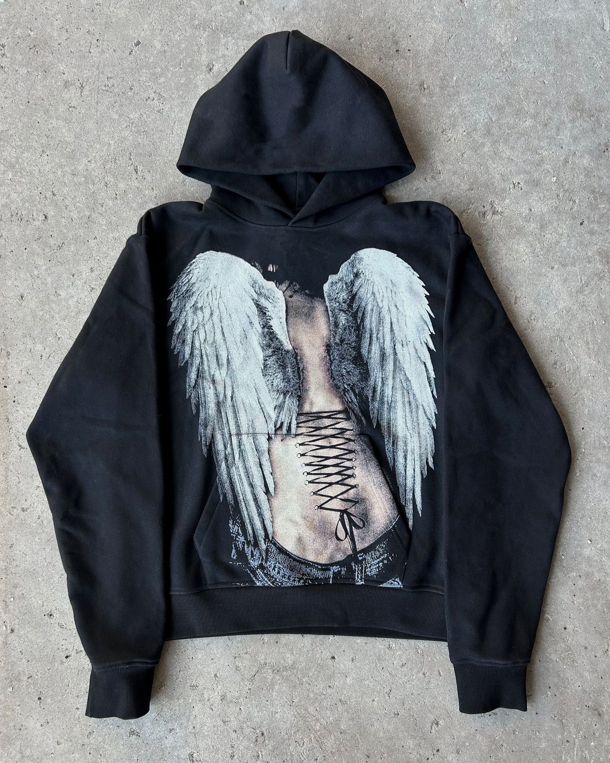 Y2k Streetwear Hoodie - 3d Angel Wing Print Unisex Oversized Pullover (Black, Polyester, Retro Gothic Style)_viptrois.com