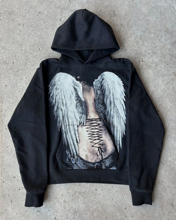 Y2k Streetwear Hoodie - 3d Angel Wing Print Unisex Oversized Pullover (Black, Polyester, Retro Gothic Style)_viptrois.com