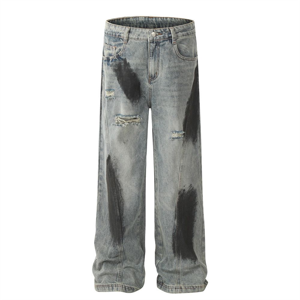 Men's Clothing Punk Wasteland Ink Splash Hole Straight Jeans High Street Trend Niche Spray Painting Old Dirty Wide Leg Trousers Men_viptrois.com