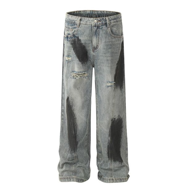 Men's Clothing Punk Wasteland Ink Splash Hole Straight Jeans High Street Trend Niche Spray Painting Old Dirty Wide Leg Trousers Men_viptrois.com