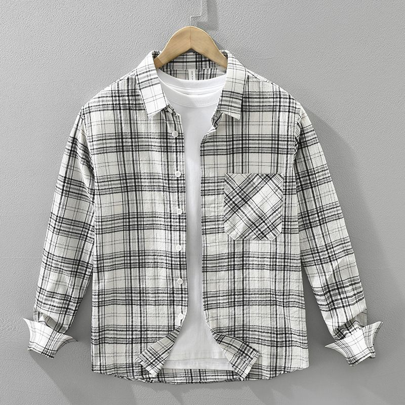 Checkered Fresh Long Sleeved Shirt For Men, Fashionable And Versatile, Artistic And Casual Loose Top_viptrois.com