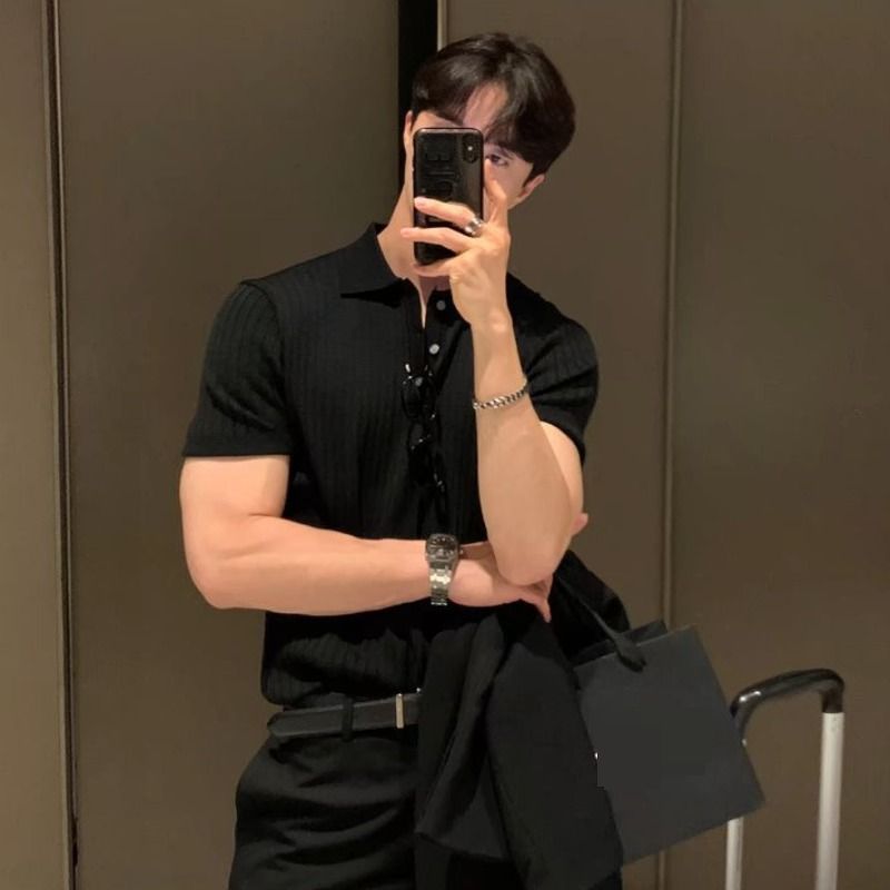Men's Clothing Summer New Version Of Slim Men's Ice Silk Short Sleeved Polo Shirt British Light Luxury Men's Striped Knitted Lapel T Shirt_viptrois.com