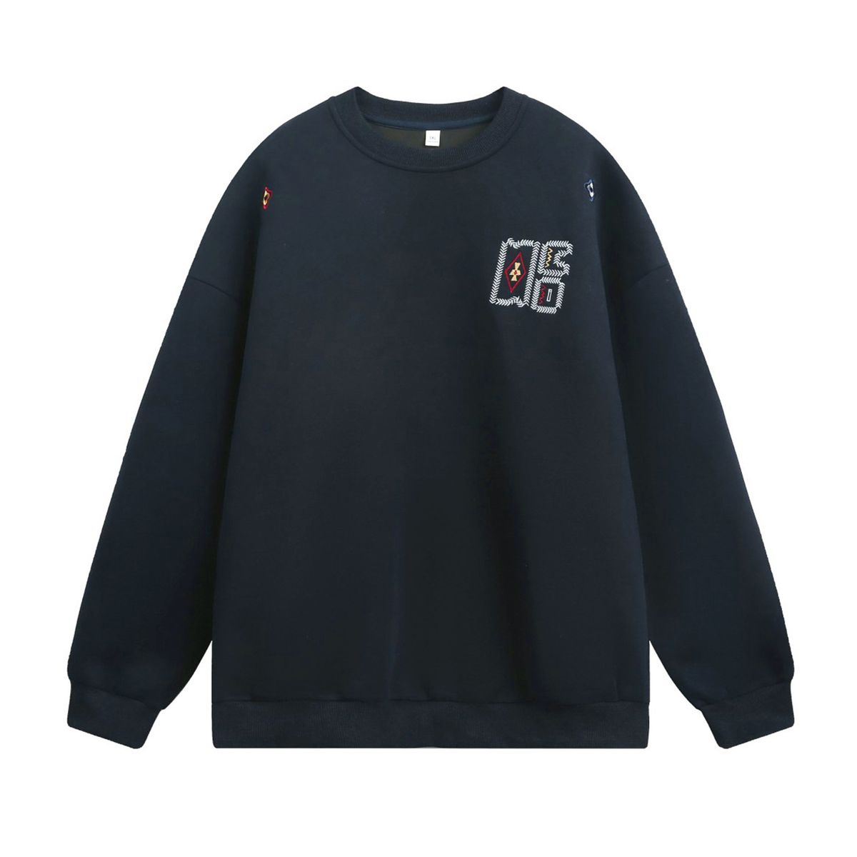 Ethnic Style Contrast Color Embroidered Heavyweight Crewneck Sweatshirt Men's Autumn Fashion Loose Fit Pullover Top_viptrois.com