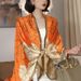 Temperament Color Matching Flower Long Orange Khaki Print Spring and Autumn Versatile Summer Sunscreen Simulated Silk_viptrois.com