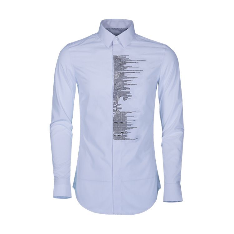 Slim Fit Cotton Blend Shirt With Gold Crystal Rhinestone Face Design Long Sleeves Basic Casual Modern Comfortable Business Style_viptrois.com