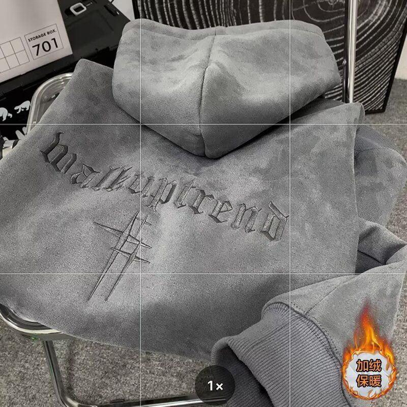 Autumn Winter New Heavyweight Suede Sweatshirt Men's Trendy Retro American Oversize Loose Fleece Hooded Jacket_viptrois.com