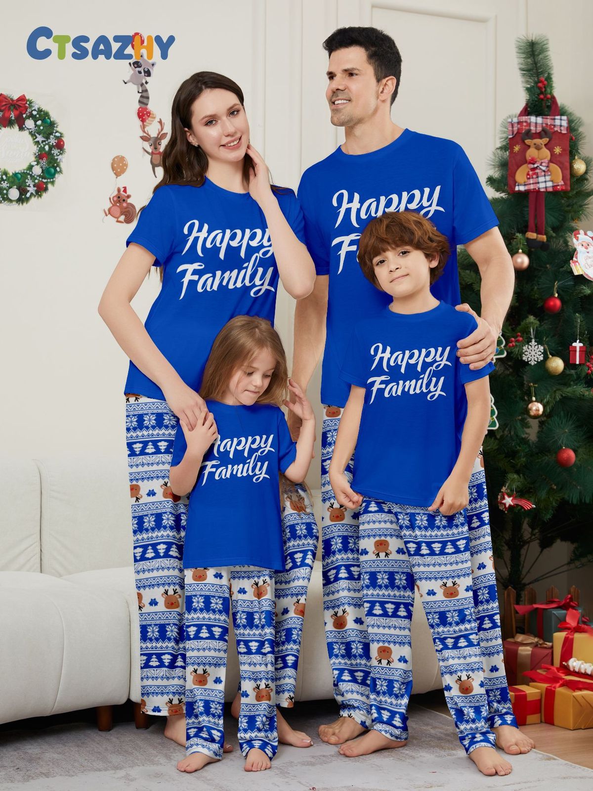 Christmas Deer letter striped short sleeve Christmas family dress printed home wear_viptrois.com
