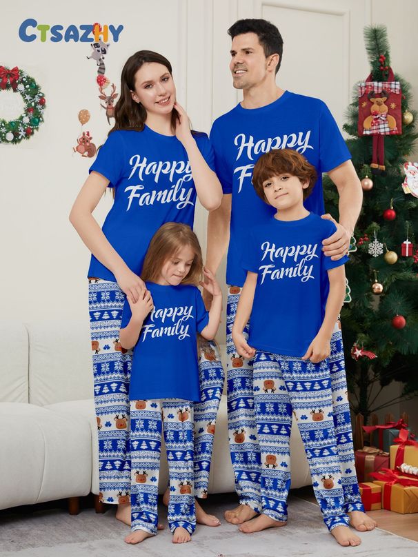 Christmas Deer letter striped short sleeve Christmas family dress printed home wear_viptrois.com