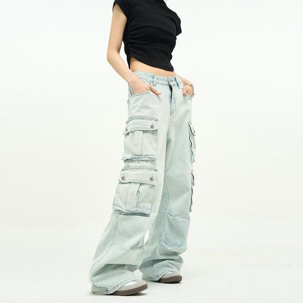 American Style Washed Multi-Pocket Jeans For Women Summer 2024 New Loose Straight Wide-Leg Casual Cargo Pants_viptrois.com