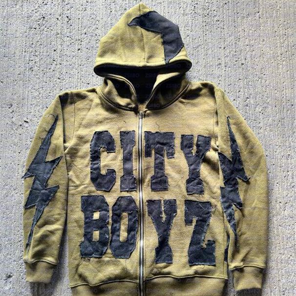 Hip Hop Retro Style Hoodie Unique Letter Print Loose Fit Zip Up Cardigan Men's Clothing_viptrois.com