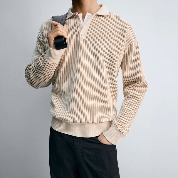 Pulse Alternative European And American Men's Fashion Wholesale Chenille Color-Block Knitted Polo Shirt Long Sleeve Top_viptrois.com