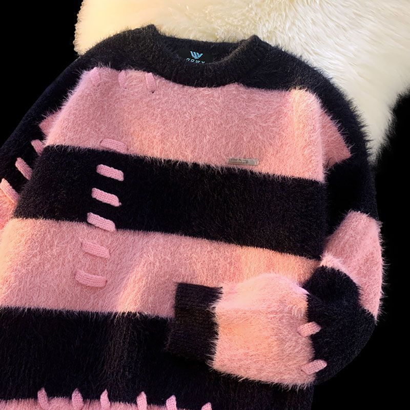 Streetwear Chunky Knit Sweater – Unisex Oversized Color-Block Pullover With Textured Stripe Design (M-XXL, Winter Fashion, Soft Fleece-Like Fabric)_viptrois.com