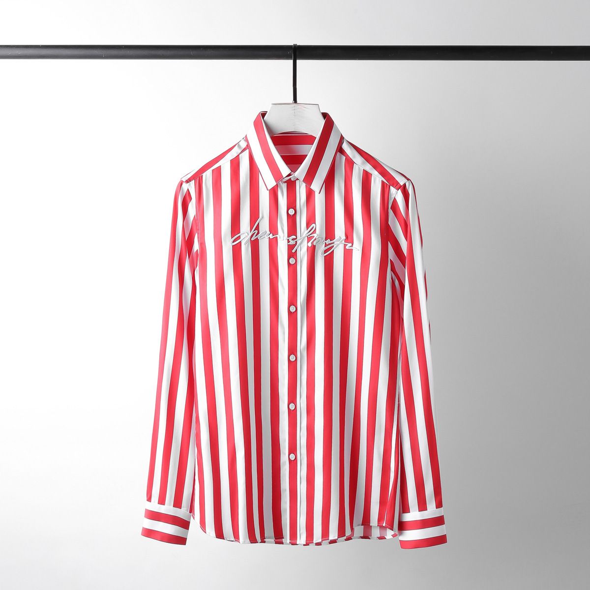 Men's Wide Striped English Embroidered Fashionable Casual Shirt Cotton Blend Long Sleeve Black White Trendy Business Wear_viptrois.com