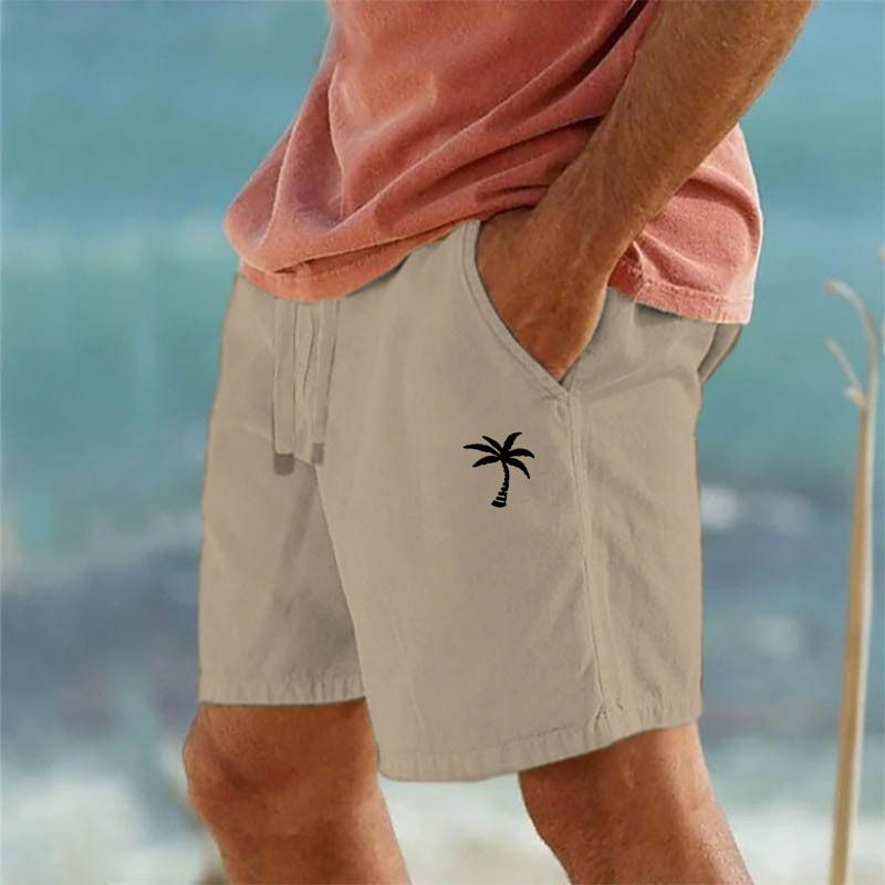 Coconut Print Cotton And Linen Shorts Drawstring Elastic Waist Solid Color Breathable Beach Five Point Casual Pants_viptrois.com