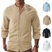 Autumn Business Linen Men's Striped Stand Collar Long Sleeve Cardigan Casual Slim Fit Shirt For Men_viptrois.com