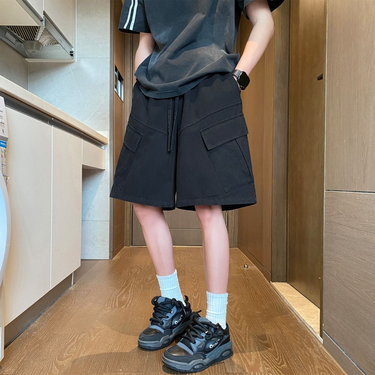 Men's Military Green Cotton Cargo Shorts Summer Loose Straight Leg Casual Mid-Length Pants With Large Pockets Wide Leg Five Point Bottoms_viptrois.com