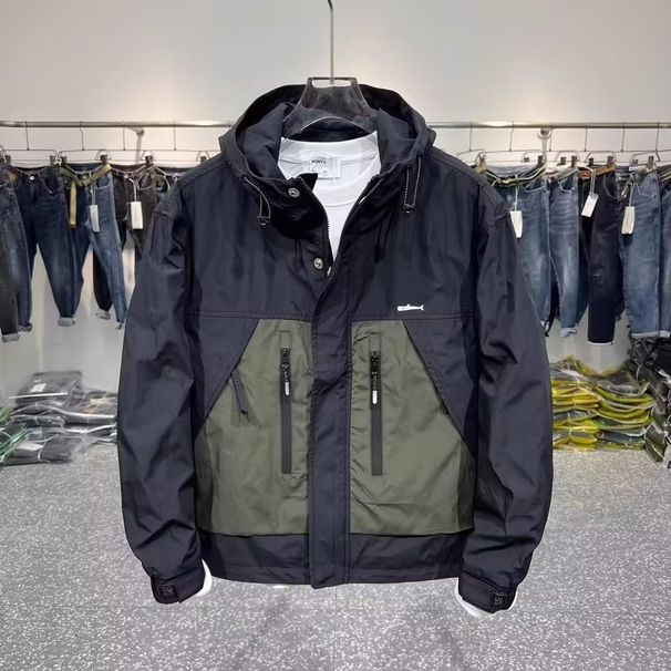Men's Clothing Men's Premium Workwear Hooded Color-Block Jacket With Pockets - Waterproof Windbreaker For Youth & Casual Wear_viptrois.com