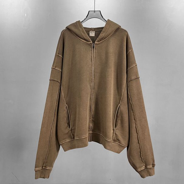 430GSM Wax-Dyed Distressed Hooded Jacket – Raw-Edge Zip-Up Overshirt (Unisex Vintage Streetwear, Boro Wash Effect)_viptrois.com