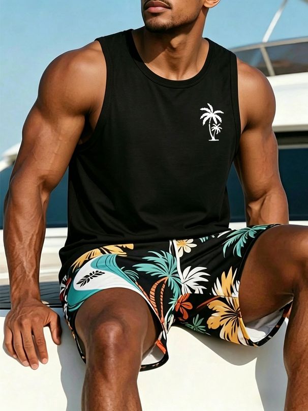 Canotta Uomo Girocollo 100% Cotone Stampa Palme Cocco Traspirante Semplice Senza Maniche Spiaggia Vacanze Estivo Multicolore_viptrois.com