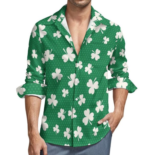 Men's Casual St. Patrick's Day Shirt, Green Clover Print, Long Sleeve, Breathable Polyester, Fall_viptrois.com