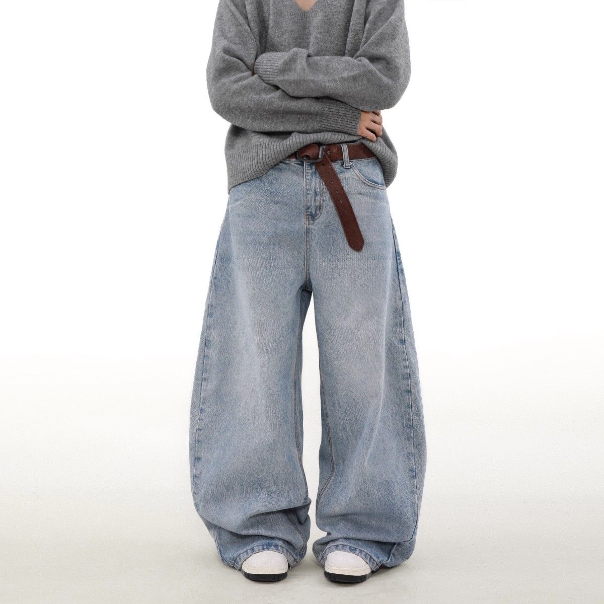 Men's Versatile Whiskered Casual Drape Zippered Straight Leg Jeans Turquoise Stone Wash Spring Autumn_viptrois.com
