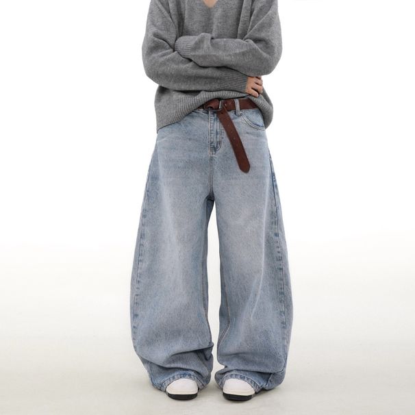 Men's Versatile Whiskered Casual Drape Zippered Straight Leg Jeans Turquoise Stone Wash Spring Autumn_viptrois.com