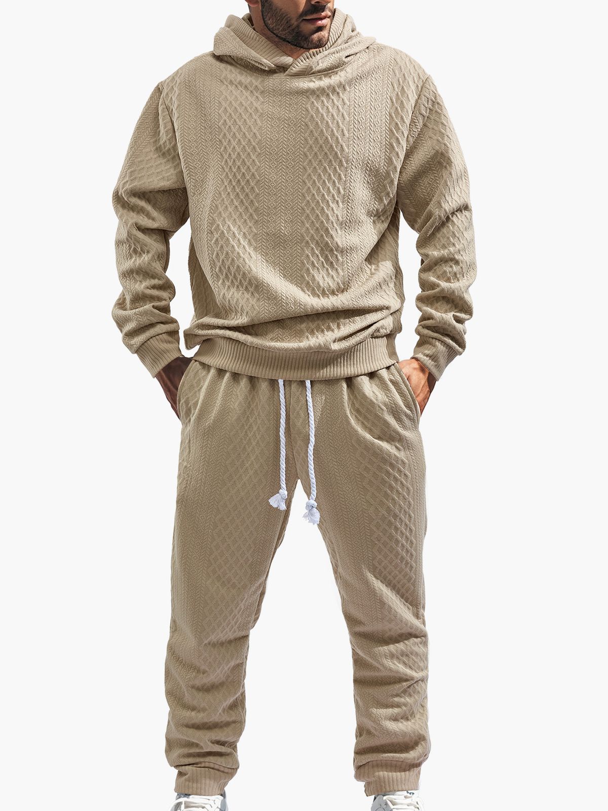 Men's Casual Hoodie & Jogger Set – Oversized Fit With Jacquard Pattern (Long Sleeve Loungewear For Spring/Fall)_viptrois.com