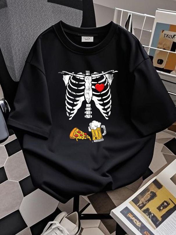 Skeleton Pregnancy Beer Pizza X-Ray Halloween Costume T-Shirt Designer Clothes Casual Breathable Graphic Stylish Streetwear Versatile Fashion_viptrois.com