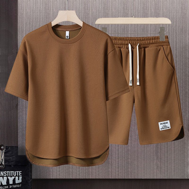 Men's Clothing Summer fashion brand new short sleeved T suit men's loose large size shorts set advanced handsome waffle two piece suit_viptrois.com