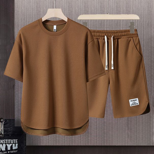 Men's Clothing Summer fashion brand new short sleeved T suit men's loose large size shorts set advanced handsome waffle two piece suit_viptrois.com