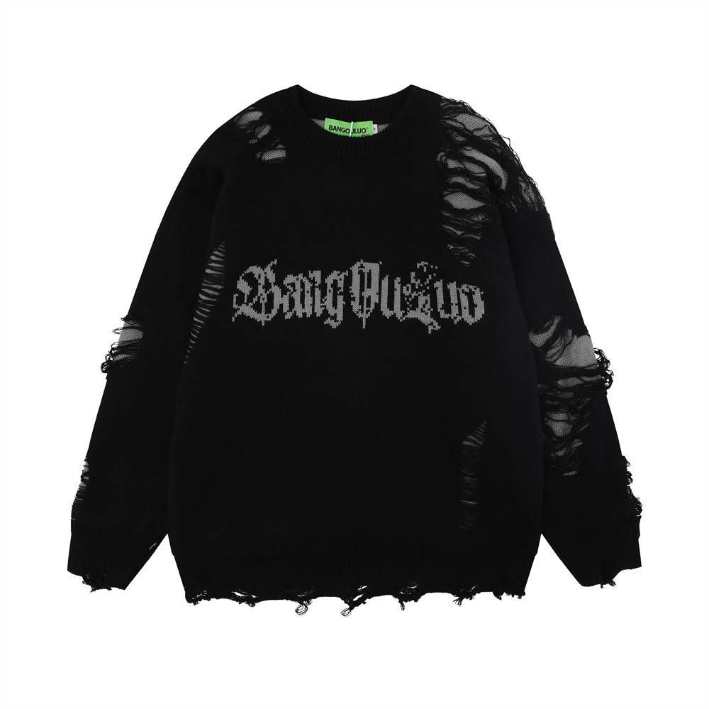 High Quality European-USA Fashion Vintage Pullovers Men's 100%Acrylic Letter Jacquard Round Collar Broken Hole Long Sleeve Casual Loose Sweater_viptrois.com