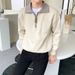Pure Color-Block Polo Collar Sweater Autumn Winter Men's Half-Zip Knitwear Loose Korean Style BF Trendy Handsome Casual Top_viptrois.com