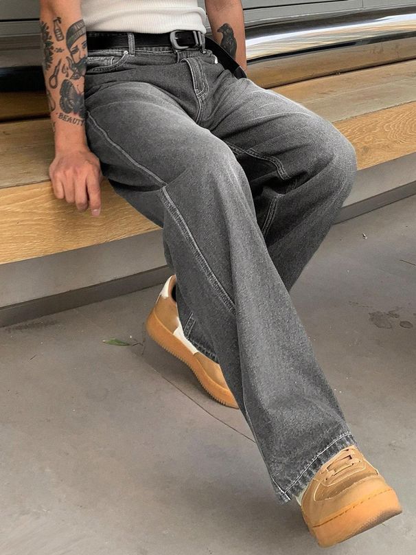 Vintage Washed Straight Leg Loose Fit Jeans | High Street Wide Trousers For Men Casual Style Effortless Versatility_viptrois.com