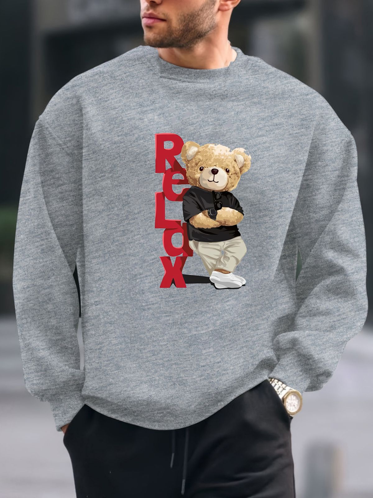 Men's Loose Casual Fashion RELDX Bear Pattern Printed Round Neck Long Sleeved Sweatshirt For Autumn And Winter_viptrois.com