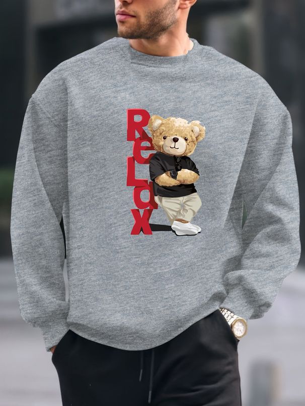 Men's Loose Casual Fashion RELDX Bear Pattern Printed Round Neck Long Sleeved Sweatshirt For Autumn And Winter_viptrois.com