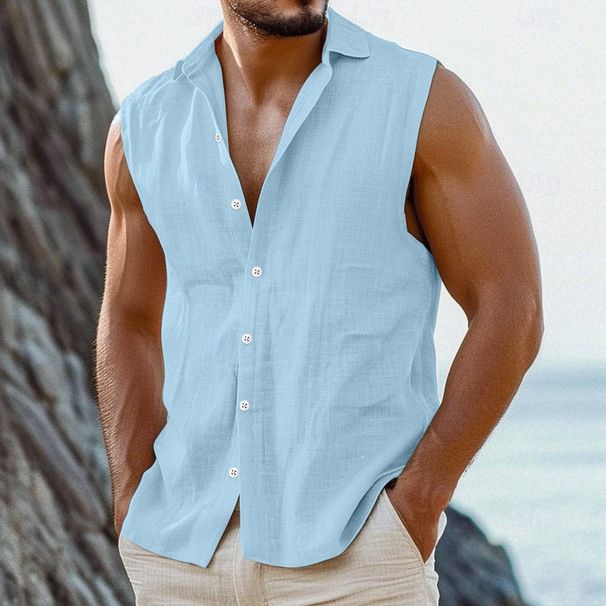 Men's Clothing Summer Sleeveless Shirt Vest - Cotton Linen Blend With Lapel Collar Casual Thin Shirt For Hot Weather_viptrois.com