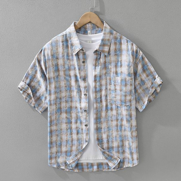Checkered Fresh Short Sleeved Shirt For Men, Fashionable And Versatile, Artistic And Casual Loose Top_viptrois.com