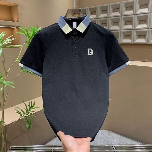 White Contrast Trim Polo Shirt For Men, Short Sleeve Collared Top With Letter Embroidery, Ideal For Business Casual & Daily Wear_viptrois.com