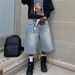Men's And Women's Streetwear Denim Shorts Straight Wide Loose Capri Rhinestone Decorated_viptrois.com