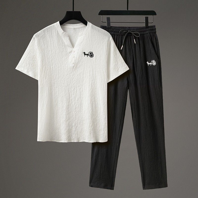 Men's Clothing Retro Style Ice Silk T Shirt Short Sleeved Suit Tops V Neck T-shirt Sets_viptrois.com