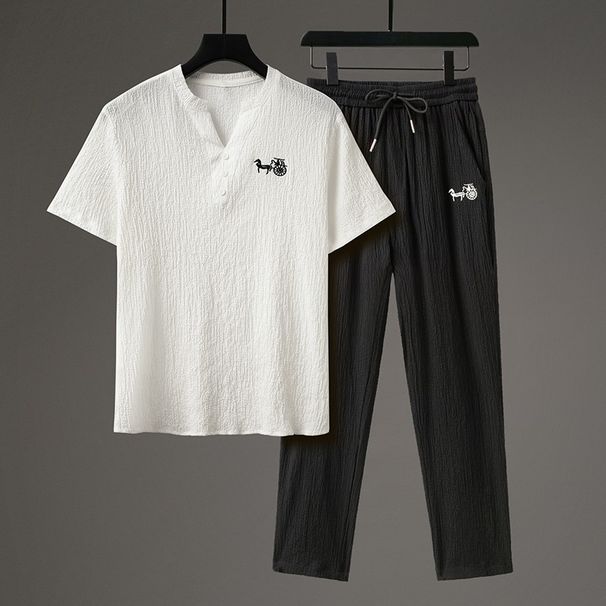 Men's Clothing Retro Style Ice Silk T Shirt Short Sleeved Suit Tops V Neck T-shirt Sets_viptrois.com