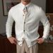 Modern V-Neck Knit Cardigan – Slim-Fit Business Casual Men’s Sweater (Breathable Polyester, Striped Detailing, White/Black/Navy, M-3XL)_viptrois.com